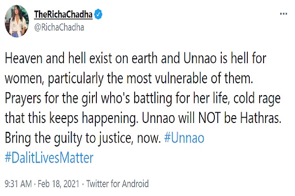 उन्नाव मामले में ऋचा ने किये दो ट्वीट, कहा- 'एयरलिफ्ट करके उसे अभी एम्स भेजा जाए'