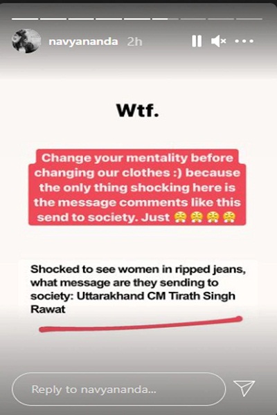 CM रावत के विवादित बयान के जवाब में अमिताभ की नातिन ने कहीं ये बात, शेयर किया फोटो