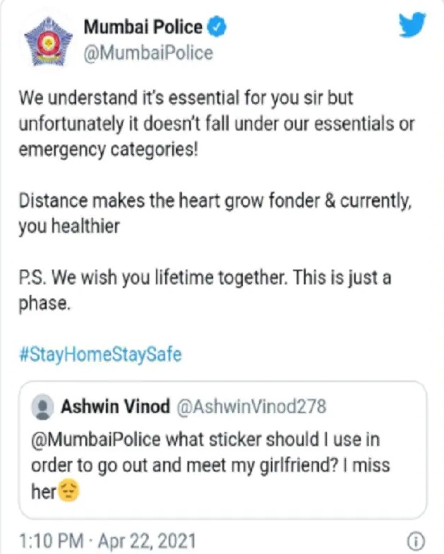 कर्फ्यू के बीच Girlfriend से नहीं मिल पा रहा प्रेमी, मुंबई पुलिस से की अपील, मिला ये जवाब