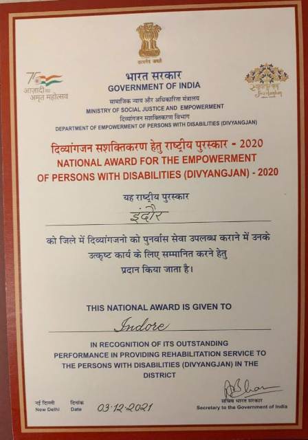 दिव्‍यांगजनों के पुनर्वास में इंदौर देश में सबसे आगे..