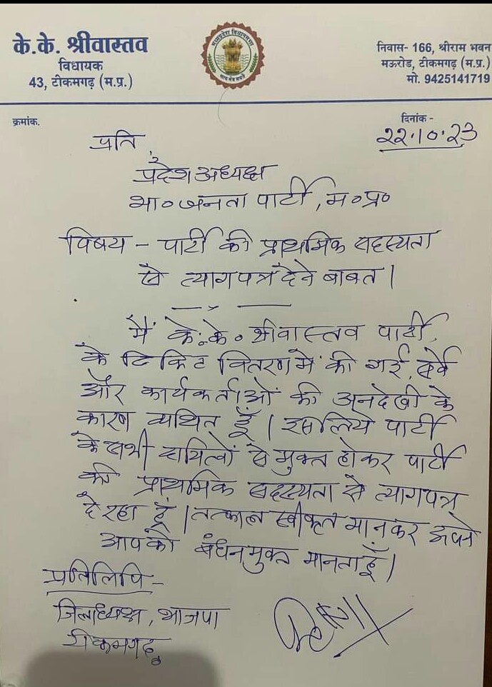 Election: टिकिट नहीं मिलने से नाराज टीकमगढ़ के पूर्व विधायक के के श्रीवास्तव ने भाजपा से दिया इस्तीफा