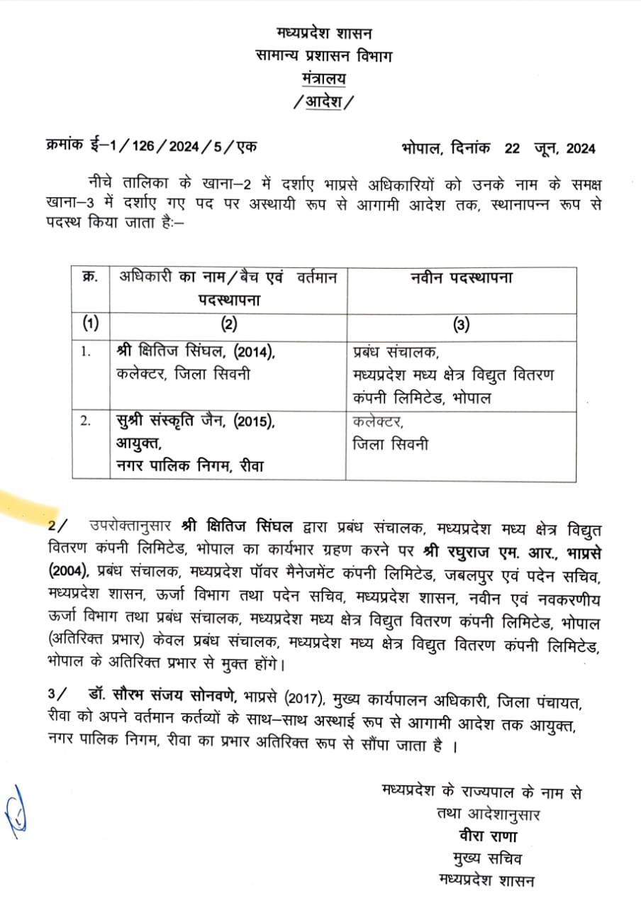 बड़ी खबर : सतना एसपी आशुतोष गुप्ता की पत्नी और रीवा निगमायुक्त संस्कृति जैन बनाई गई सिवनी कलेक्टर