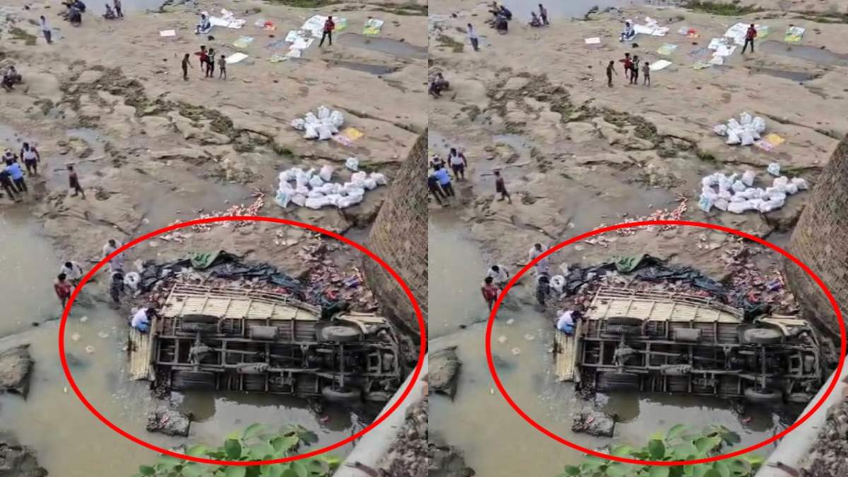 शराबियों की हुई मौज : शराब की बोतलों से भरा ट्रक नदी में पलटा, लूटने के लिए मची होड़