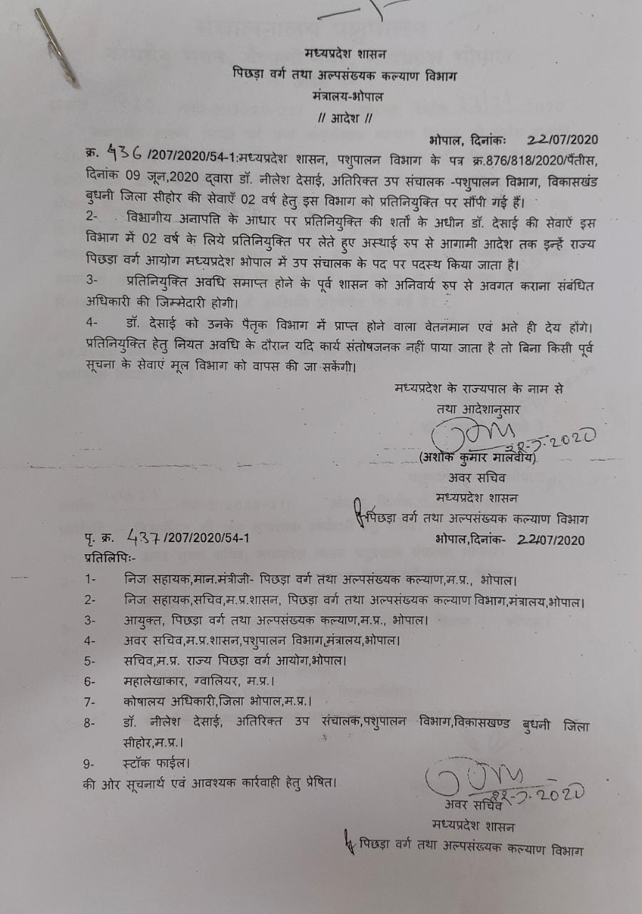 डॉ. नीलेश देसाई की प्रतिनियुक्ति पर उठे गंभीर सवाल, शिवराज सिंह को लिखा पत्र
