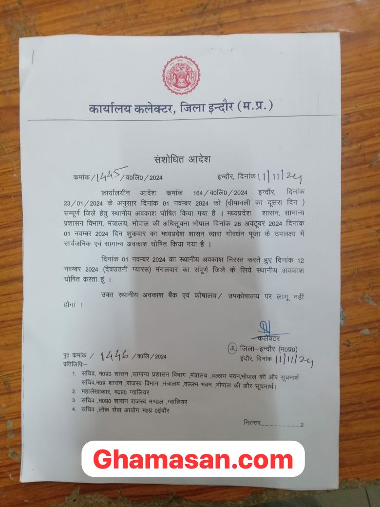 Indore Holiday News: इंदौर जिला कलेक्टर द्वारा कल स्थानीय अवकाश घोषित, सामने आई ये बड़ी वजह