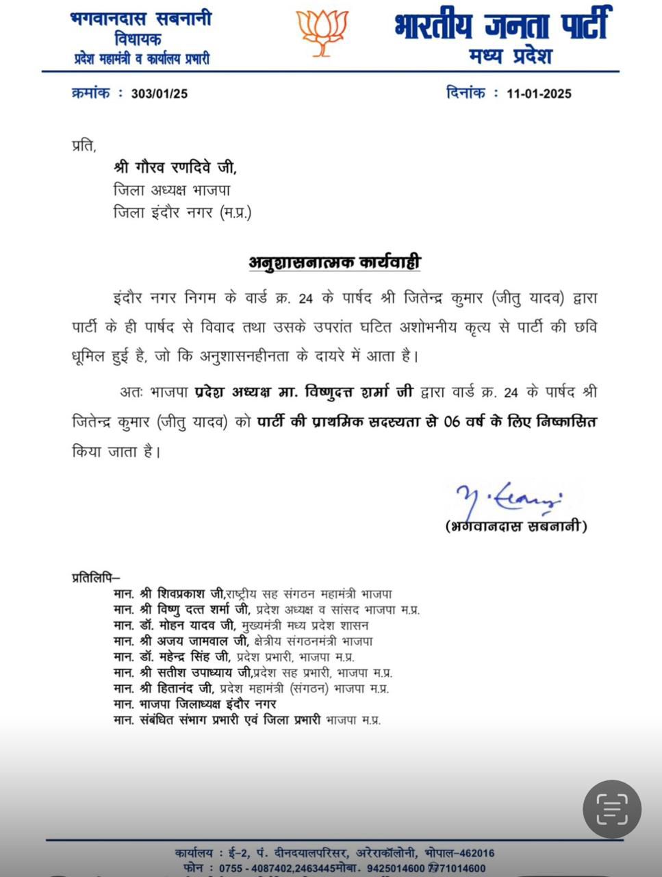 Indore Breaking : BJP ने पार्षद जीतू यादव के खिलाफ कड़ी की बड़ी कार्रवाई, पार्टी से 6 साल के लिए किया निष्कासित