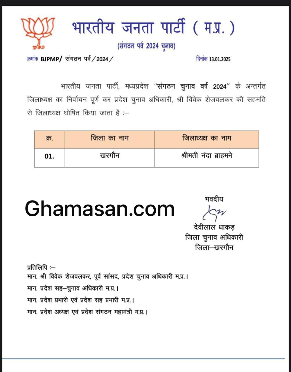 भाजपा ने घोषित किए 9 और जिला अध्यक्ष, खरगोन से नंदा ब्रह्मामने एवं शिवराज के गढ़ सीहोर से नरेश मेवाड़ा को मिली कमान