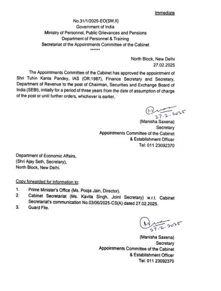 वित्त सचिव तुहिन कांता पांडे होंगे SEBI के नए चीफ, बुच की जगह संभालेंगे जिम्मेदारी
