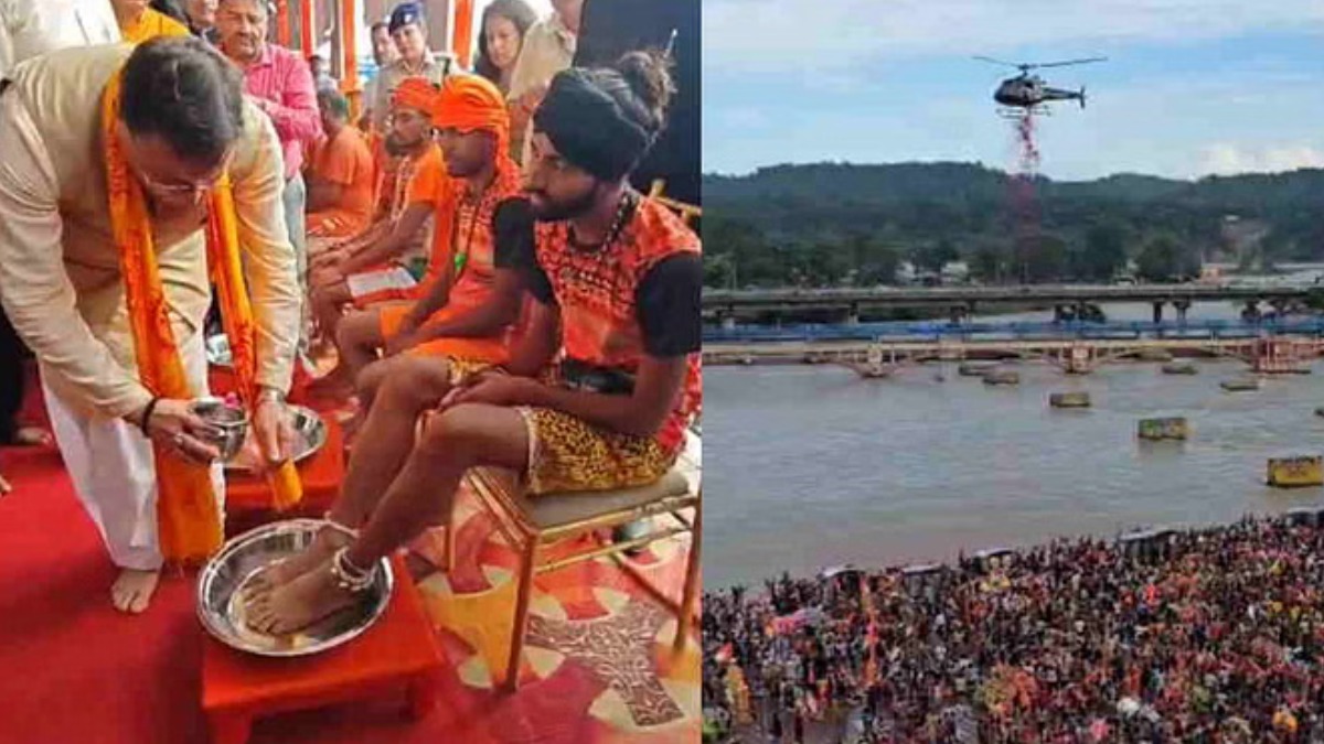 कांवड़ यात्रा में अनोखा सम्मान, सीएम धामी ने दिखाई सेवा की मिसाल, धोए कांवड़ियों के पैर, हेलीकॉप्टर से बरसे फूल