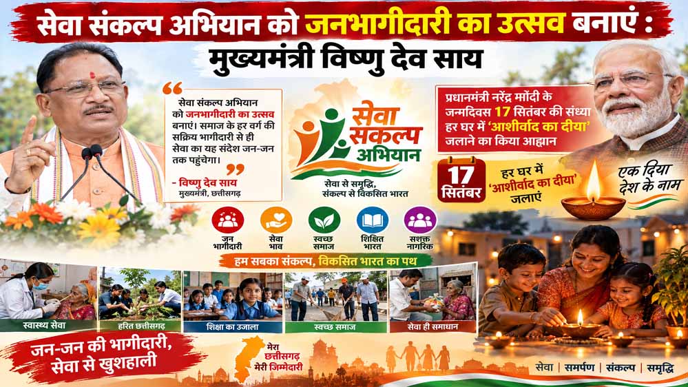 सेवा संकल्प अभियान बने जनभागीदारी का उत्सव, सीएम साय ने 17 सितंबर को हर घर ‘आशीर्वाद का दीया’ जलाने का किया आह्वान