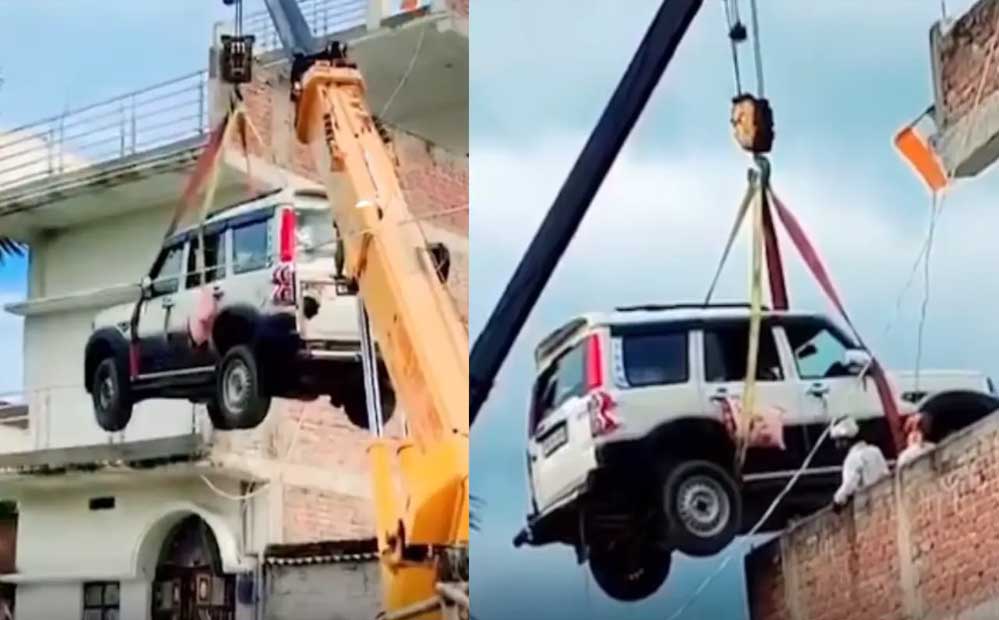 बिहार में गजब जुगाड़! चोरी से बचाने के लिए क्रेन से घर की छत पर पहुंचाई Scorpio, Video Viral