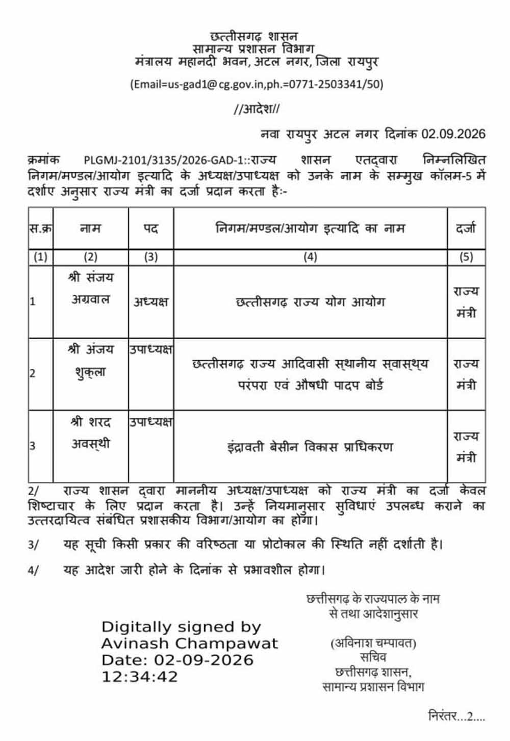 छत्तीसगढ़ में बड़ा फैसला, योग-आदिवासी आयोग अध्यक्ष सहित 3 को मिला राज्य मंत्री का दर्जा