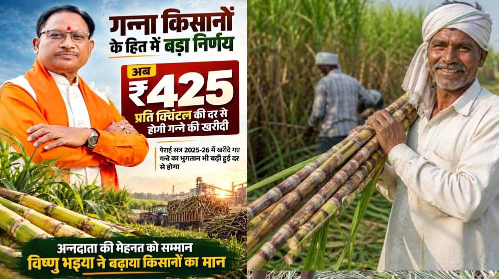 गन्ना किसानों के लिए खुशखबरी, छत्तीसगढ़ में 2025-26 सत्र से ₹425 प्रति क्विंटल भुगतान