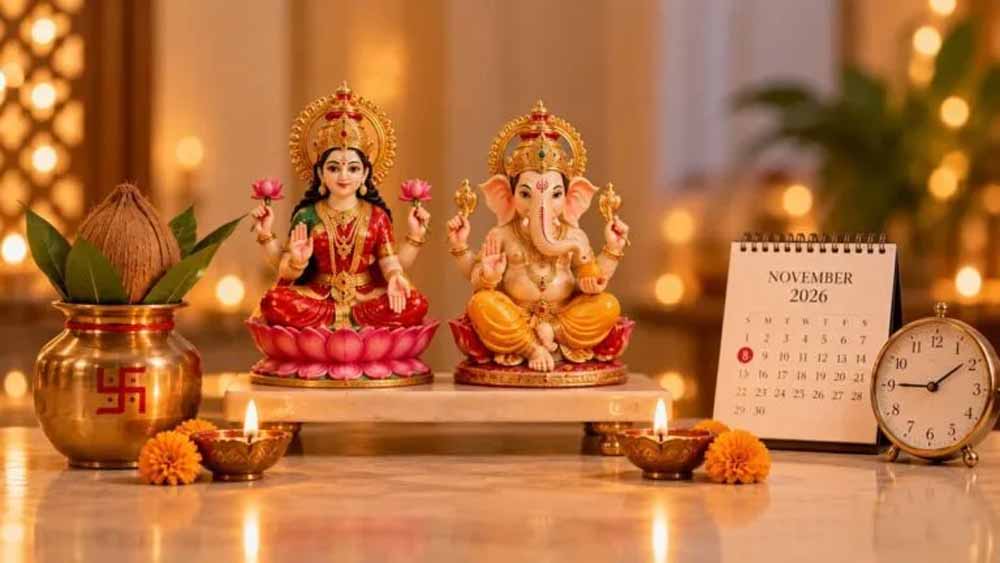 दिवाली 2026 कब है? जानें 8 नवंबर को लक्ष्मी-गणेश पूजा का शुभ मुहूर्त और गोवर्धन पूजा की तारीख