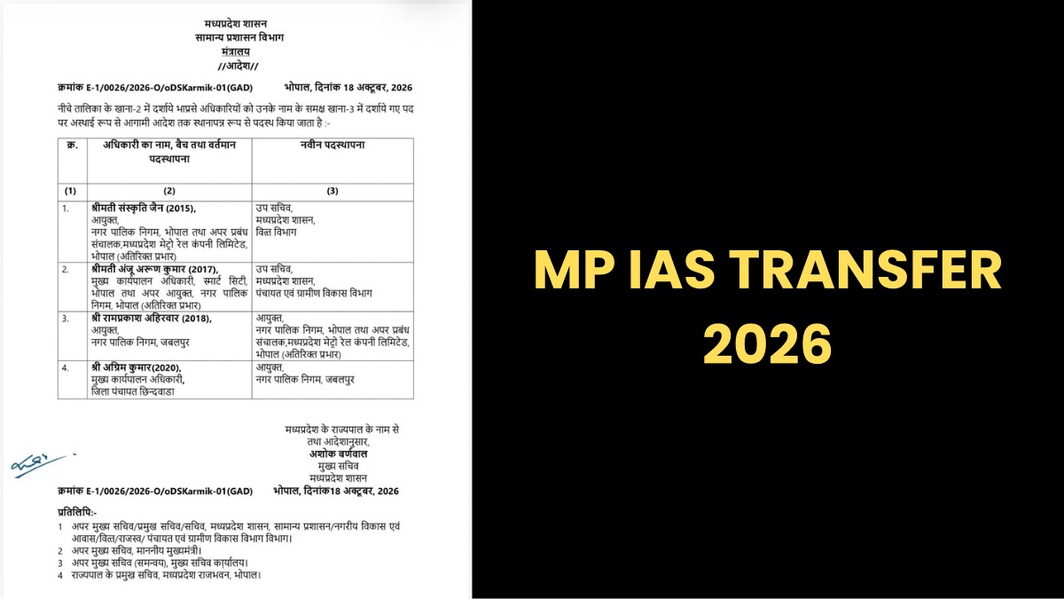 Breaking : मध्यप्रदेश में चार आईएएस अधिकारियों का हुआ तबादला, देखें सूची